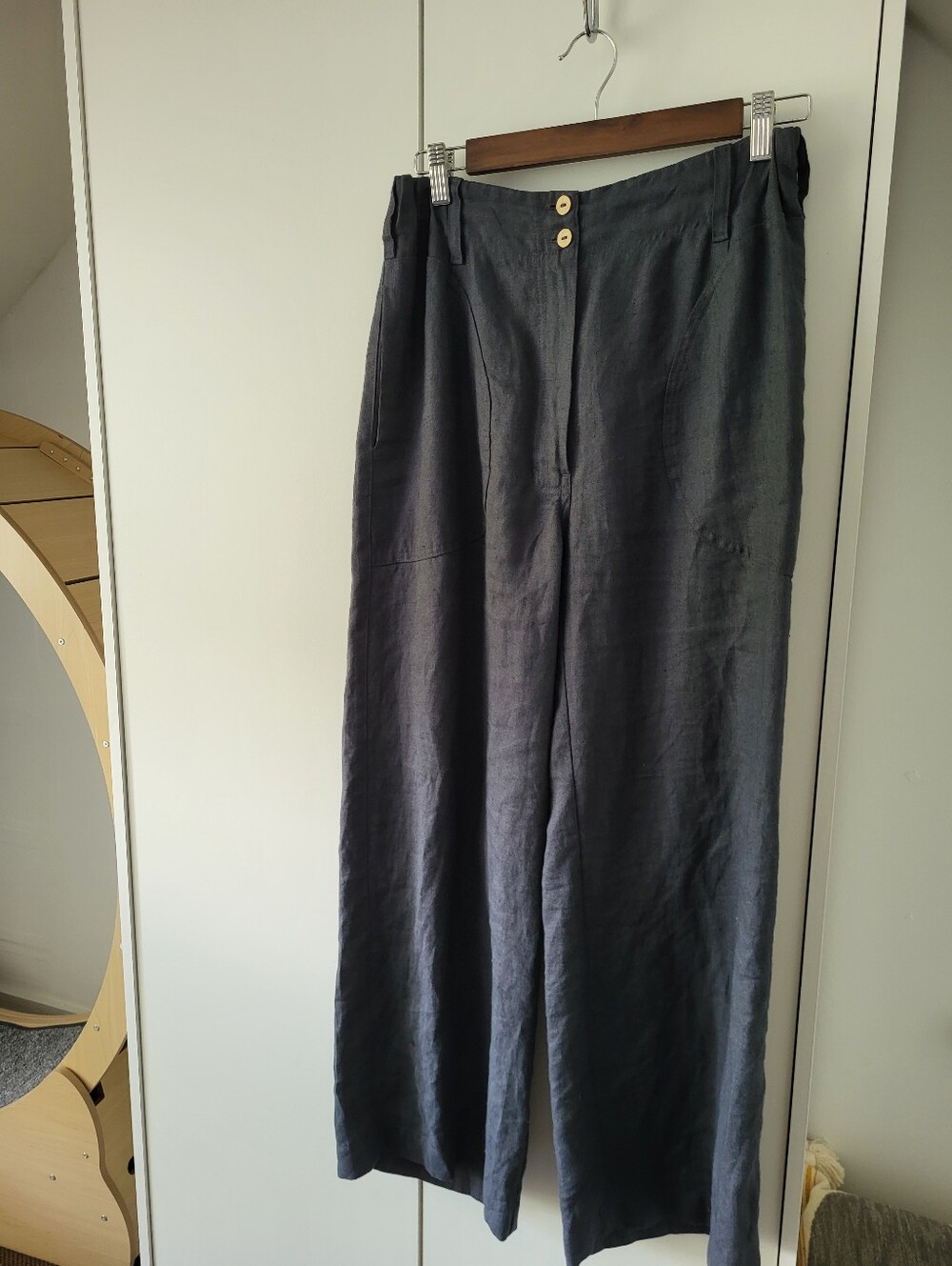 notPERFECTLINEN Sarah fit and flare linen pants in charcoal blue, Size S/M